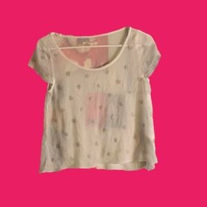 Sheer Mesh Hollister Blouse - White with Gold Detailing Flowers